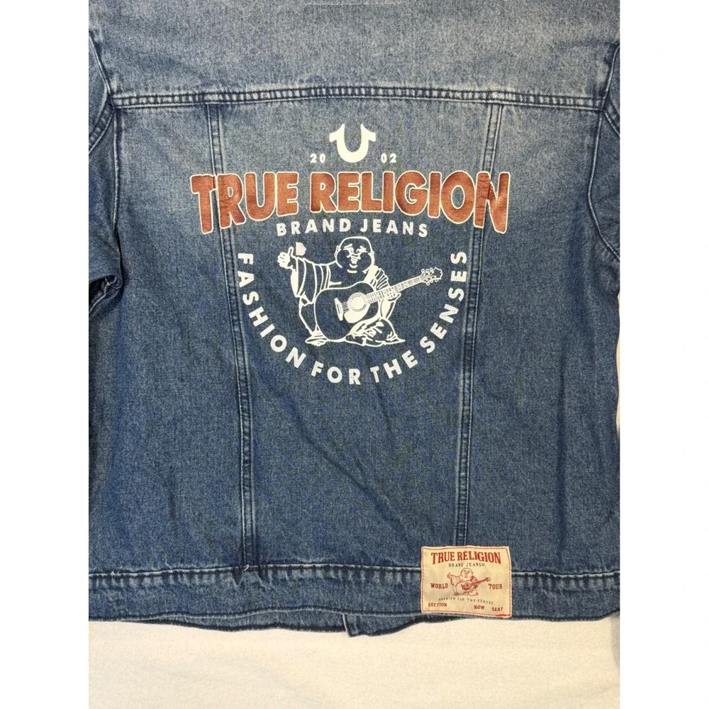 True Religion Denim Trucker Jacket Mens Large Medium Blue Quartz Wash  Print NEW